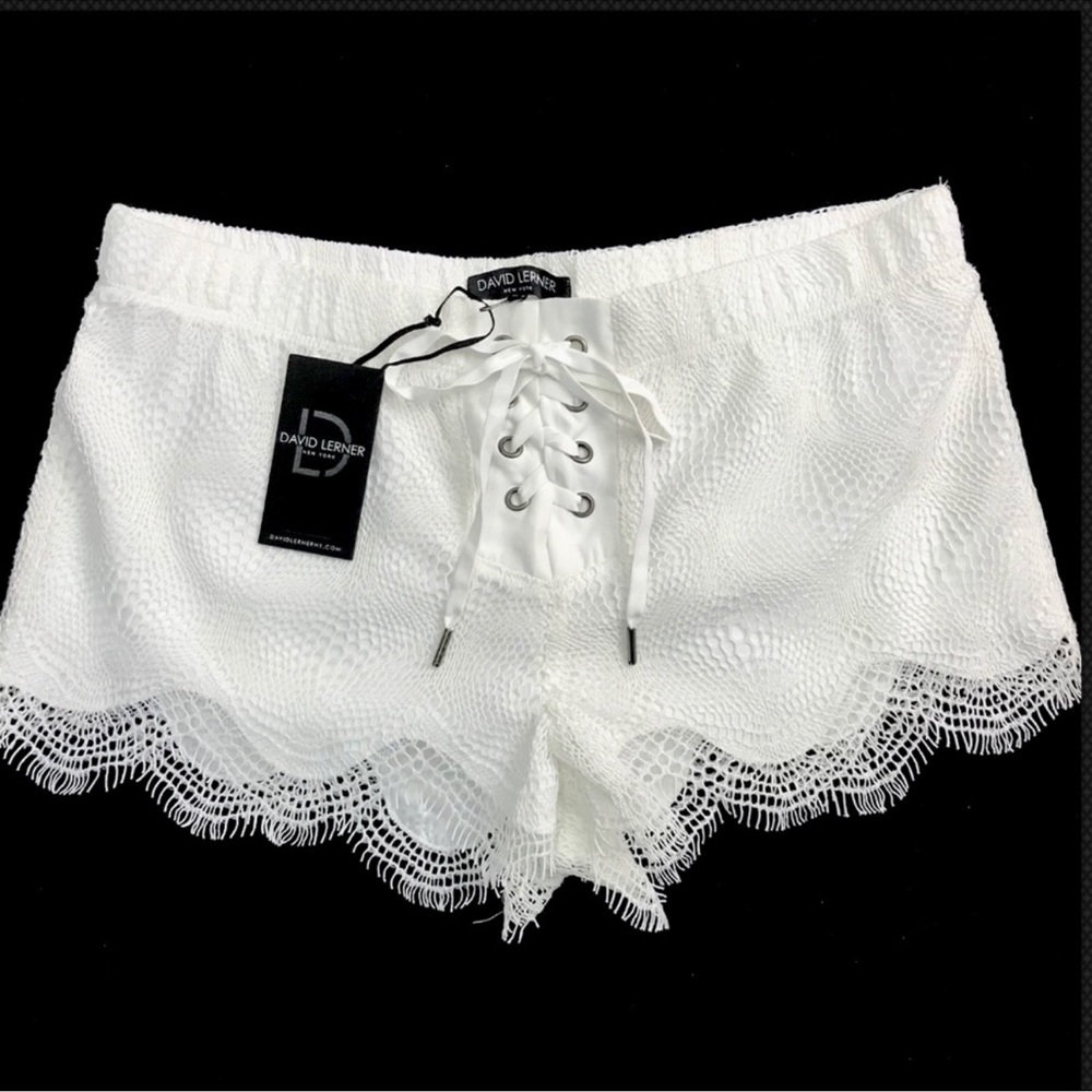 David Lerner White Lace Shorts Corset Tie Front